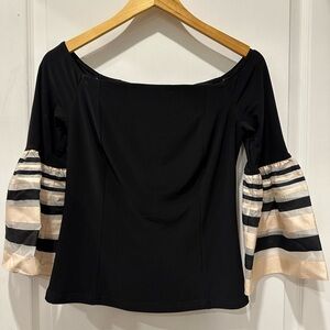 Joseph Ribkoff Black Top with Cream and Black Striped Bell Sleeves